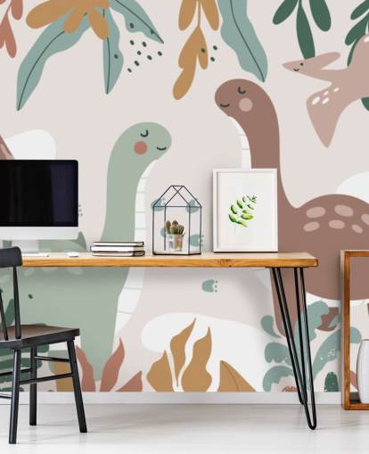 Papier peint mural mignon dinosaures dans les tropiques pour chambre d'enfant