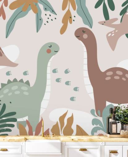 Papier peint mural mignon dinosaures dans les tropiques pour chambre d'enfant