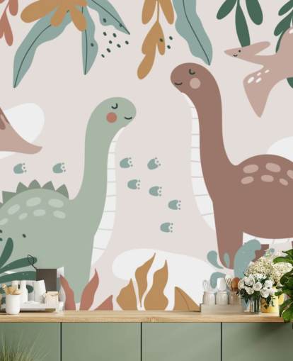 Cute Dinosaurs in the Tropics Behangmuurschildering voor de kinderkamer