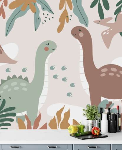 Papier peint mural mignon dinosaures dans les tropiques pour chambre d'enfant