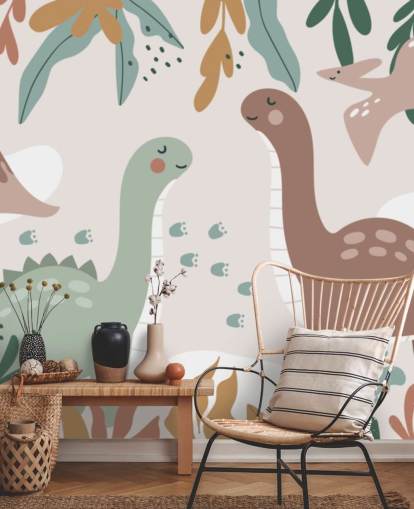 Carta da parati murale con simpatici dinosauri ai tropici per la cameretta dei bambini