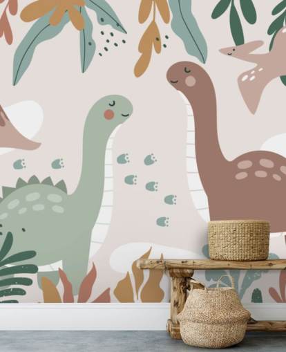 Mural de papel pintado con lindos dinosaurios en los trópicos para dormitorio infantil