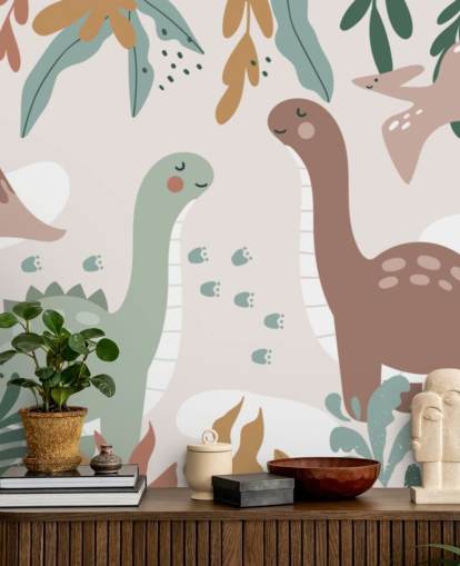 Mural de papel pintado con lindos dinosaurios en los trópicos para dormitorio infantil
