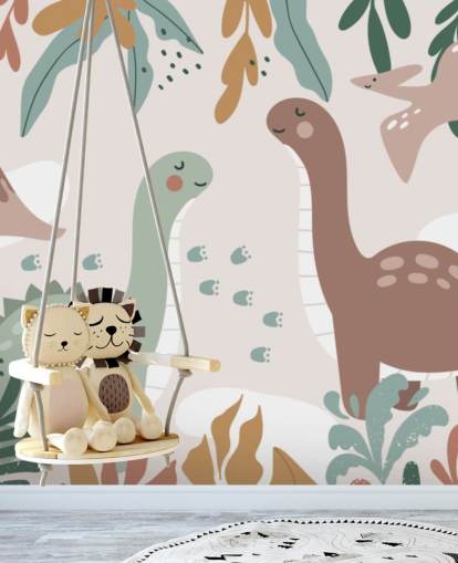 Carta da parati murale con simpatici dinosauri ai tropici per la cameretta dei bambini Carta da parati murale con simpatici dinosauri ai tropici per la cameretta dei bambini