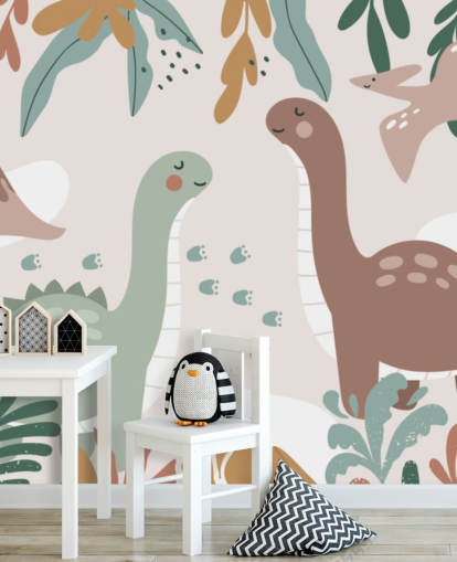 Cute Dinosaurs in the Tropics Behangmuurschildering voor de kinderkamer