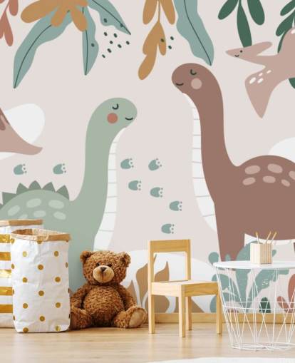 Mural de papel pintado con lindos dinosaurios en los trópicos para dormitorio infantil Mural de papel pintado con lindos dinosaurios en los trópicos para dormitorio infantil