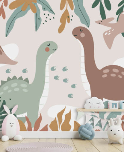 Tapeten-Wandbild „Süße Dinosaurier in den Tropen“ für Kinderzimmer Tapeten-Wandbild „Süße Dinosaurier in den Tropen“ für Kinderzimmer