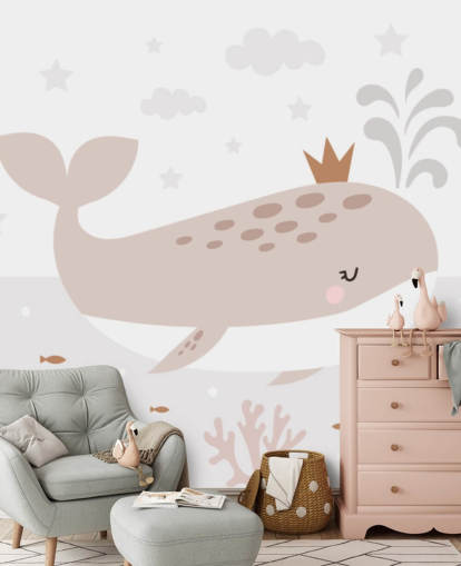 mural de papel pintado del rey ballena en beige