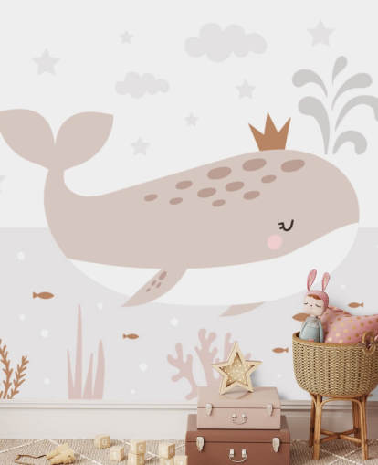carta da parati murale con re balena in beige