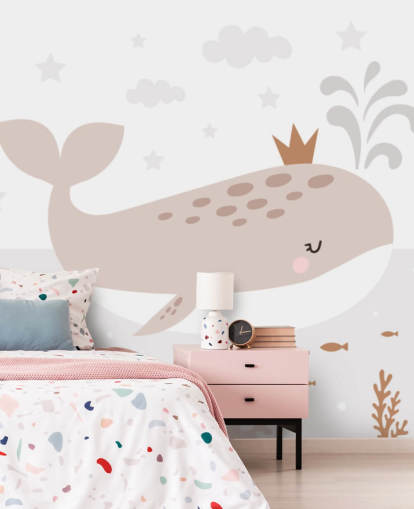 mural de papel pintado del rey ballena en beige