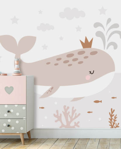 Whale King tapetväggmålning i beige