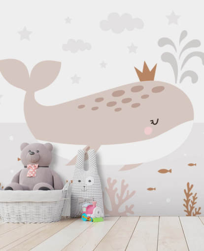 Whale King tapetväggmålning i beige