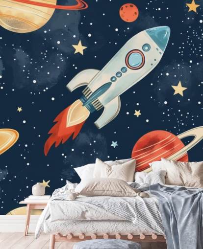 Cute Space Mural with Rocket and Planets