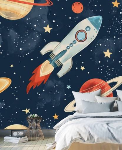 Mural espacial fofo com foguetes e planetas