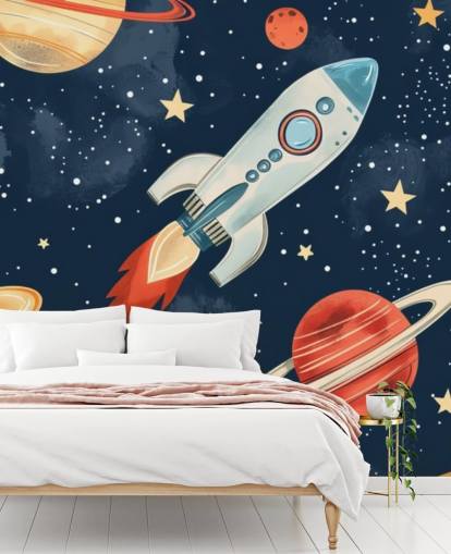 Süßes Weltraum-Wandbild mit Rakete und Planeten