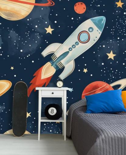 Lindo mural espacial con cohetes y planetas Lindo mural espacial con cohetes y planetas