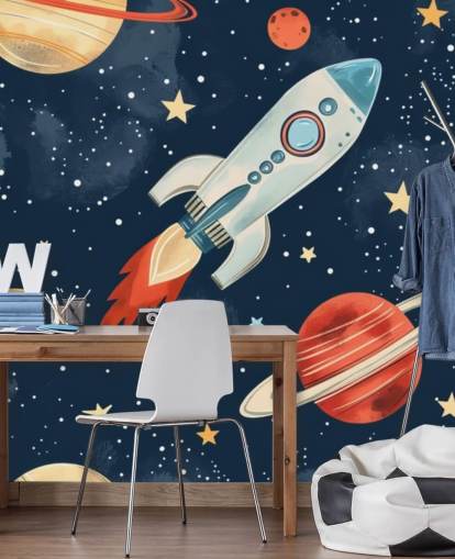 Lindo mural espacial con cohetes y planetas