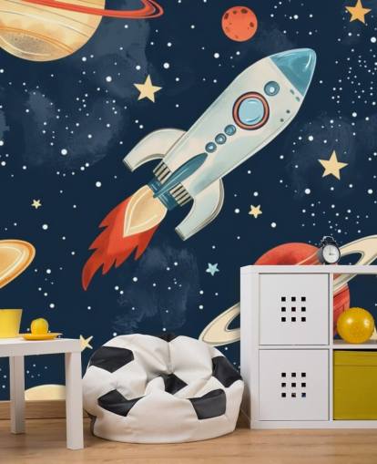 Süßes Weltraum-Wandbild mit Rakete und Planeten
