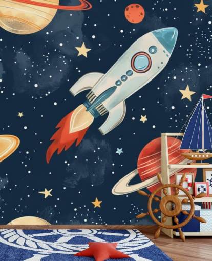 Cute Space Mural with Rocket and Planets