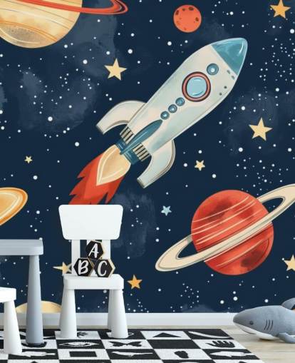 Leuke ruimtemuurschildering met raket en planeten