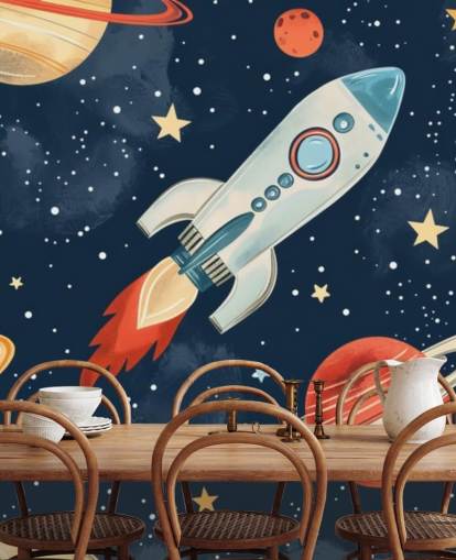 Cute Space Mural with Rocket and Planets
