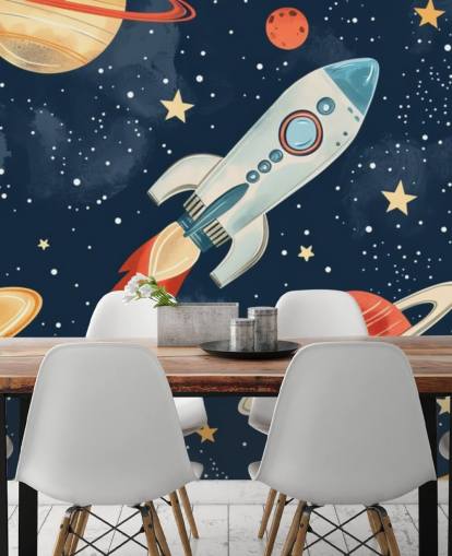 Simpatico murale spaziale con razzi e pianeti
