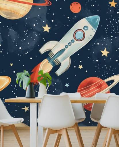 Lindo mural espacial con cohetes y planetas