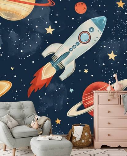 Cute Space Mural with Rocket and Planets