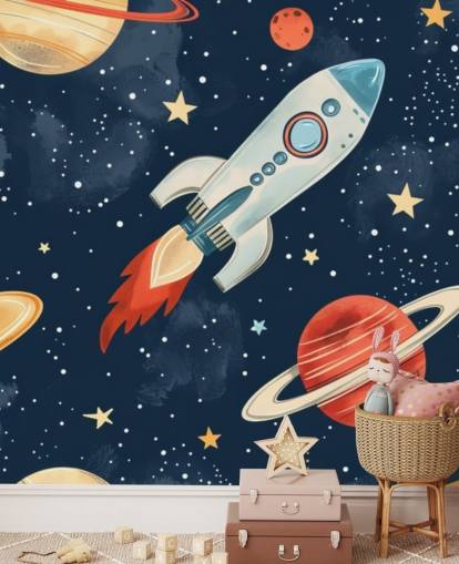 Cute Space Mural with Rocket and Planets