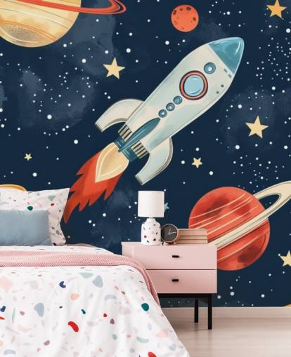 Mural espacial fofo com foguetes e planetas