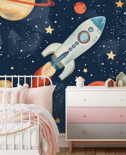 Süßes Weltraum-Wandbild mit Rakete und Planeten