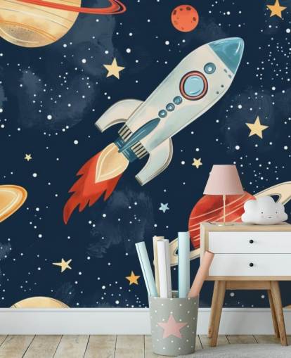 Mural espacial fofo com foguetes e planetas