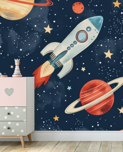 Lindo mural espacial con cohetes y planetas