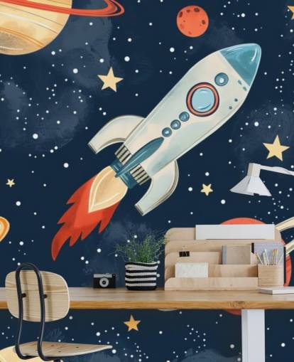Lindo mural espacial con cohetes y planetas