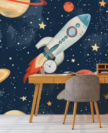 Süßes Weltraum-Wandbild mit Rakete und Planeten