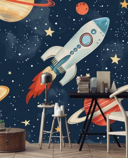 Lindo mural espacial con cohetes y planetas