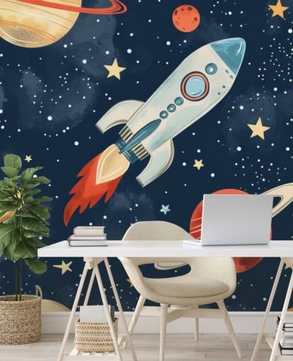 Leuke ruimtemuurschildering met raket en planeten