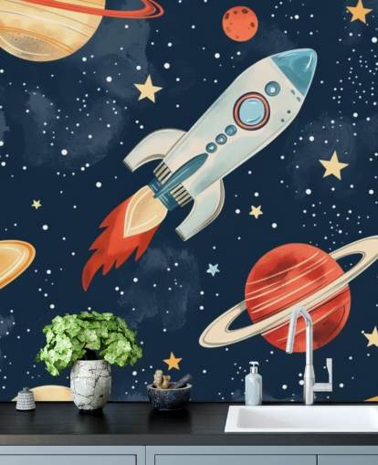 Cute Space Mural with Rocket and Planets