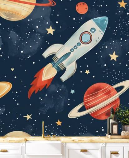 Söt rymdväggmålning med raket och planeter