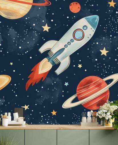 Cute Space Mural with Rocket and Planets
