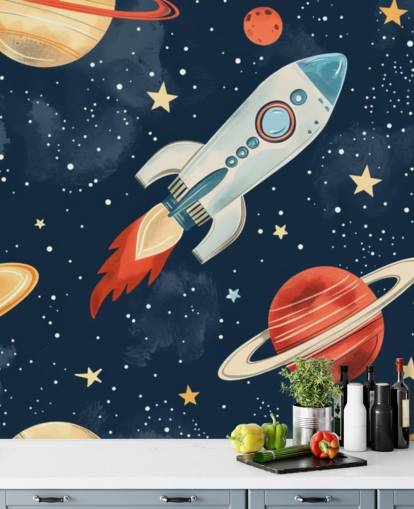 Cute Space Mural with Rocket and Planets