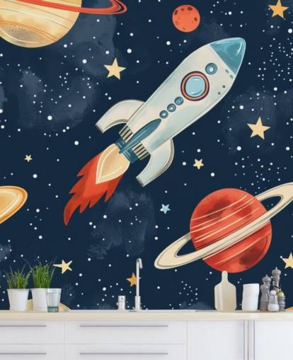 Cute Space Mural with Rocket and Planets Cute Space Mural with Rocket and Planets