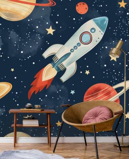 Lindo mural espacial con cohetes y planetas