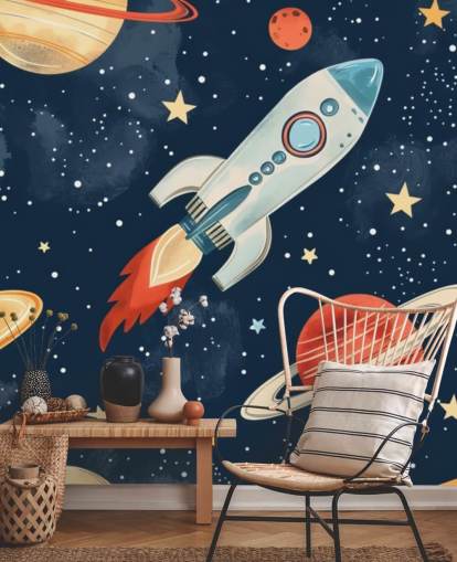 Lindo mural espacial con cohetes y planetas