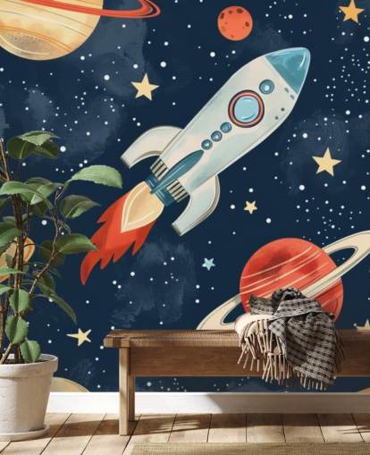 Leuke ruimtemuurschildering met raket en planeten