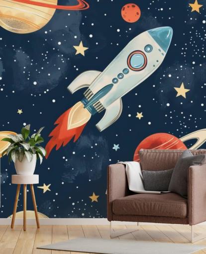 Süßes Weltraum-Wandbild mit Rakete und Planeten