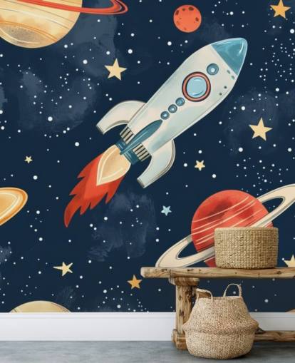 Süßes Weltraum-Wandbild mit Rakete und Planeten Süßes Weltraum-Wandbild mit Rakete und Planeten