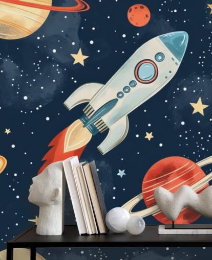 Lindo mural espacial con cohetes y planetas Lindo mural espacial con cohetes y planetas