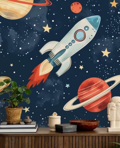 Cute Space Mural with Rocket and Planets