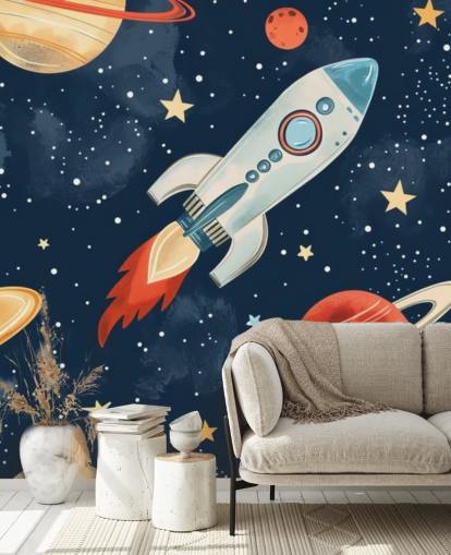 Cute Space Mural with Rocket and Planets Cute Space Mural with Rocket and Planets